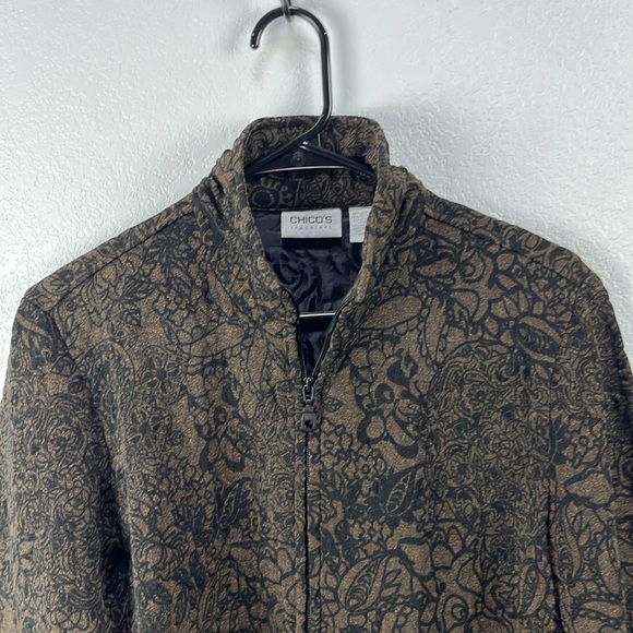 Chicos Travelers Jacket Womens 1 / Medium Brown Black Stretch Floral Zip Up Chic - Picture 4 of 10